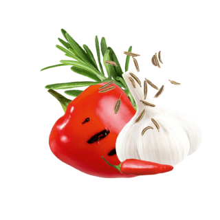 gegrillte Paprika. Knoblauch, Kümmel. Chili und Rosmarinzweig