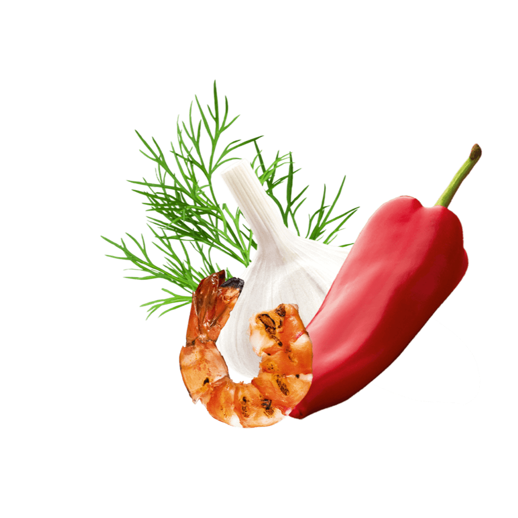 Knoblauch, Paprika Dillspitzen und ein gegrillter Shrimp