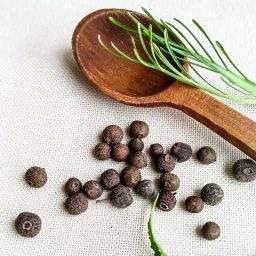 liegende Pimentkörner neben einem Holzlöffel
