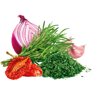 Rosmarin mit Zwiebel, Knoblauch und Paradeisern