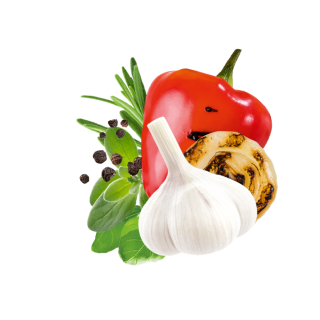 Paprika, Knoblauch, gegrillte Zwiebel, Rosmarin und Majoran