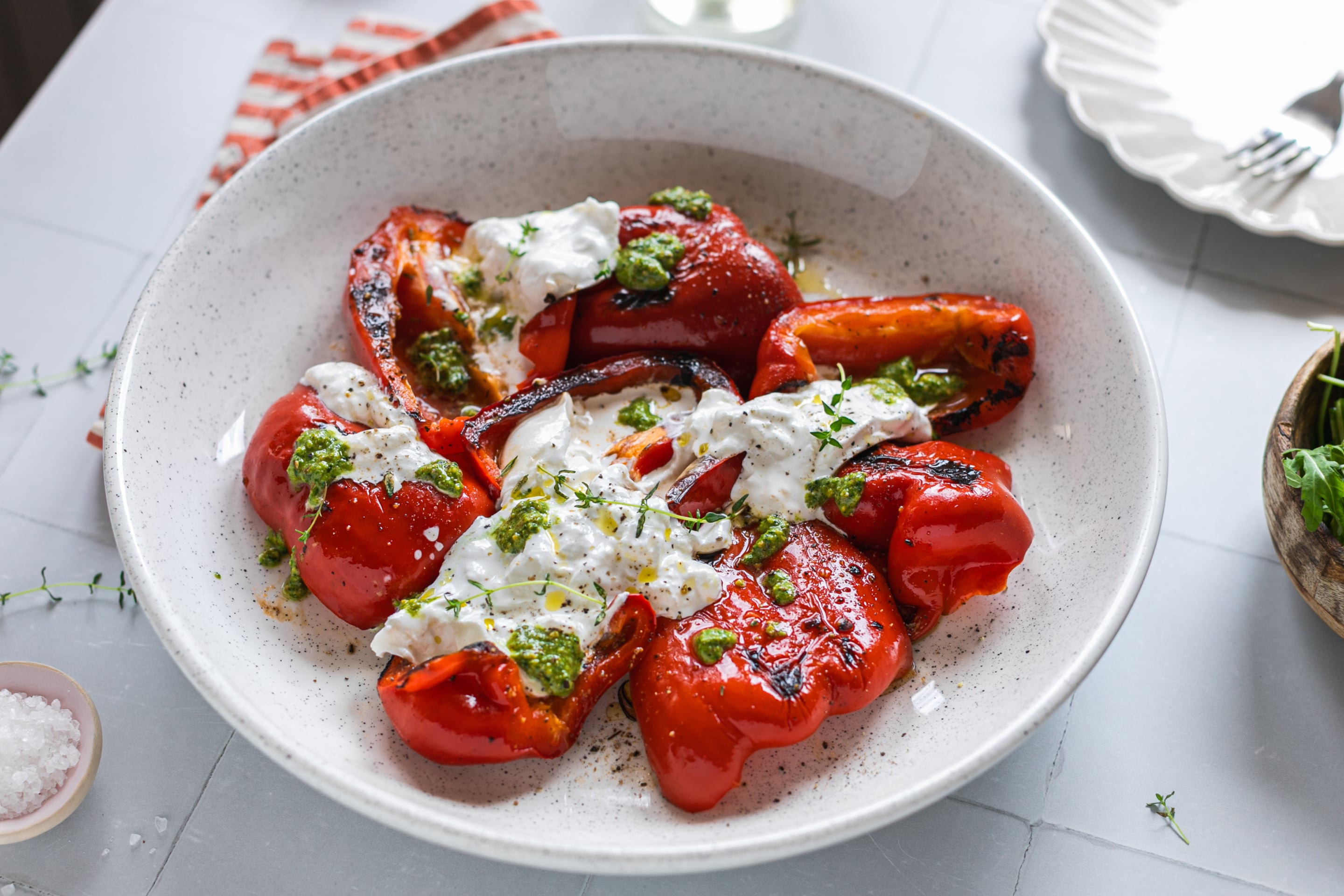 Grilled Peppers With Pesto And Burrata Min